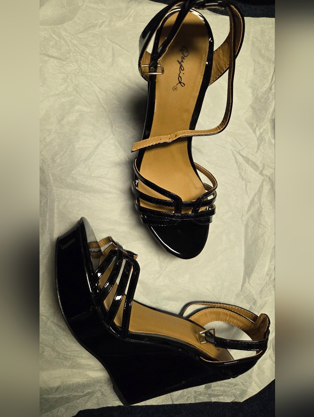 Qupid Black Patent Strappy Wedge Sandals Brand New